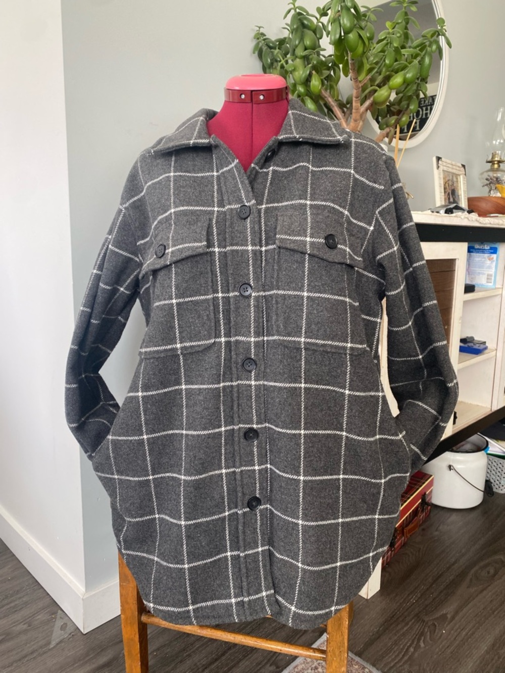 Women's Gray Windowpane Button-Front Utility Shacket Jacket Flannel Wool Blend